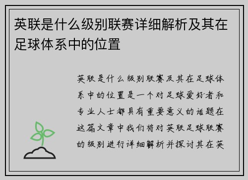英联是什么级别联赛详细解析及其在足球体系中的位置